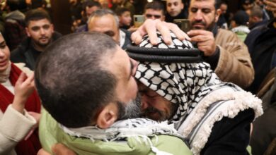 Friends and family members welcome one of the Palestinian prisoners released from Israel's prisons in return for the handover of bodies of 4 Israeli hostages by Hamas to the Red Cross in Ramallah, West Bank on February 26, 2025. (Photo by Mohammad Nazal / Middle East Images / Middle East Images via AFP)