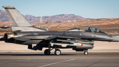 An F-16 Fighting Falcon assigned to the 53rd Test and Evaluation Group taxies with a U.S. Navy Harpoon missile system equipped at Nellis Air Force Base, Nevada.