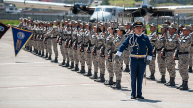Ecuadorian Armed Forces members attend a ceremony welcoming the arrival of a C-130H Hercules to the Ecuadorian Air Force in Latacunga, Ecuador, March 25, 2024. The ceremony, Ecuadorian Armed Forces members.