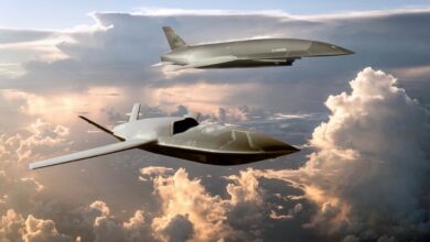 Concepts of the uncrewed fighter aircraft YFQ-42A (bottom) and the YFQ-44A are pictured in artwork. The aircraft are designed to leverage autonomous capabilities and crewed-uncrewed teaming to defeat enemy threats in contested environments. (U.S. Air Force artwork courtesy of General Atomics Aeronautical Systems, Inc. and Anduril Industries)