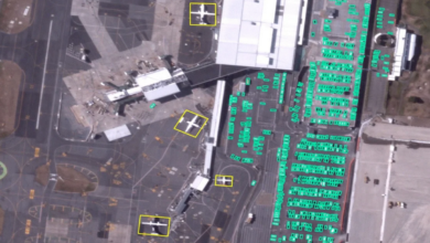 BlackSky Gen-3 satellite image with AI-enabled analytics highlighting aircraft and vehicles over the main terminal of Wellington International Airport in New Zealand.