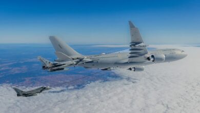 An A330 Multi-Role Tanker Transport (MRTT) aircraft in a refueling mission
