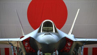 A silver-gray F-35 Lightning II jet fighter is seen taxied in front of an unfurled flag of Japan. The photo was taken front and center, displaying the plane's front profile.