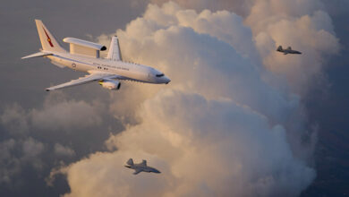 An artist’s rendering of a Royal Australian Air Force E-7A Wedgetail teaming with two MQ-28 Ghost Bat collaborative combat aircraft.