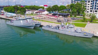 Nigerian Navy's NNS Faro (P197), NNS Shere (P198), and NNS Ikogosi (P165) offshore patrol vessels
