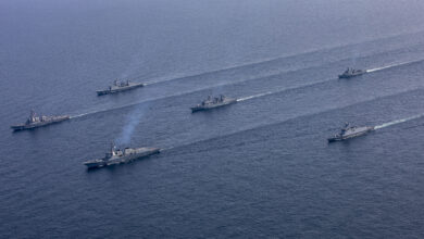 230427-N-CD453-2001 YELLOW SEA (April 27, 2023) Arleigh Burke-class guided-missile destroyer USS John Finn (DDG 113) sails in formation with Republic of Korea Navy ships Sejong the Great-class guided-missile destroyer ROKS Sejong the Great (DDG 991), Daegu-class frigate ROKS Seoul (FFG-821), Gwangaetto the Great-class multipurpose destroyer ROKS Eulji Mundeok (DDH-972), Chungmugong Yi Sun-sin-class multipurpose destroyer ROKS Choe Yeong (DDH 981), and Ulsan-class frigate ROKS Cheongju, during Maritime Counter Special Operations Exercise (MCSOFEX) in the Yellow Sea, April 27. John Finn is assigned to Commander, Task Force 71/Destroyer Squadron (DESRON) 15, the Navy’s largest forward-deployed DESRON and U.S. 7th Fleet’s principal surface force. (U.S. Navy photo by Mass Communication Specialist 2nd Class Samantha Oblander)