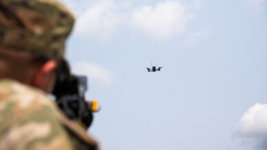 U.S. Soldiers assigned to 3rd Squadron, 2nd Cavalry Regiment practice target lock-on against an incoming drone during Project Flytrap at Joint Multinational Readiness Center, Hohenfels Training Area, Hohenfels, Germany, June 9, 2025. The Soldiers attached a Smartshooter SMASH 2000L to M4A1 carbine rifles for improved sight picture and accuracy. (U.S. Army photo by Spc. Elijah Magaña)