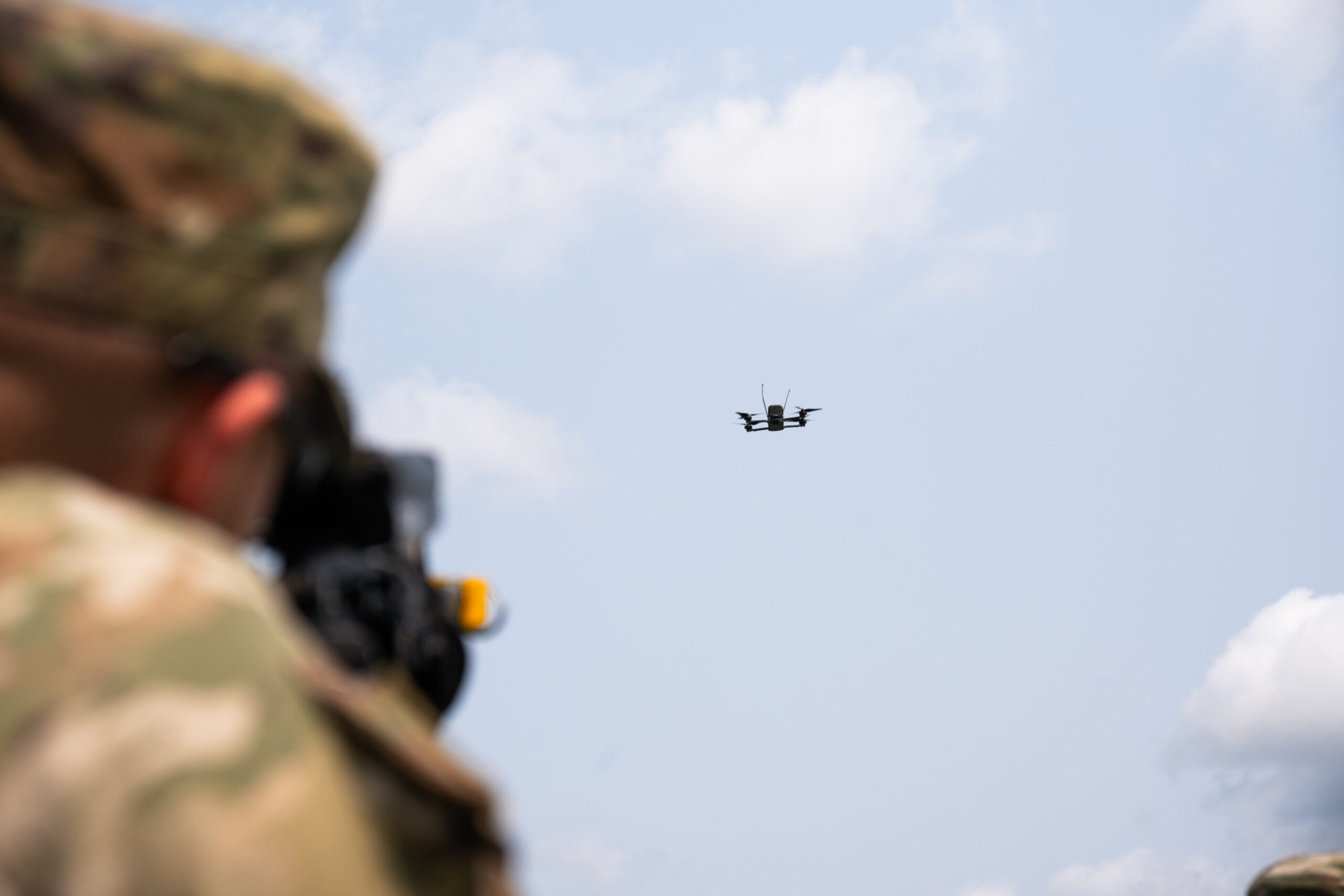 U.S. Soldiers assigned to 3rd Squadron, 2nd Cavalry Regiment practice target lock-on against an incoming drone during Project Flytrap at Joint Multinational Readiness Center, Hohenfels Training Area, Hohenfels, Germany, June 9, 2025. The Soldiers attached a Smartshooter SMASH 2000L to M4A1 carbine rifles for improved sight picture and accuracy. (U.S. Army photo by Spc. Elijah Magaña)