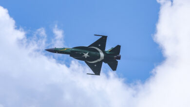 PAC JF-17 Thunder multirole combat aircraft, a fighter jet made in China and Pakistan. The Pakistani plane is painted with the country's flag as it belongs to Pakistan Air Force. The aircraft performed a flight demo, flying demonstration at the 53rd Paris Air Show at Le Bourget Airport in France on June 2019. The advanced and sophisticated fighter jet is developed jointly by the Pakistan Aeronautical Complex (PAC) and the Chengdu Aircraft Corporation (CAC) of China. (Photo by Nicolas Economou/NurPhoto) (Photo by Nicolas Economou / NurPhoto via AFP)