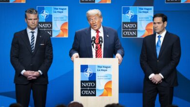 US president Donald Trump during a press conference after the NATO summit at the World Forum The Hague.