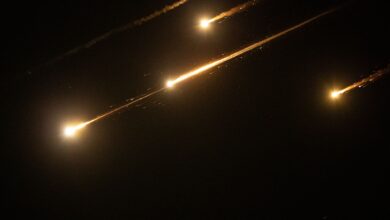 Bright traces are seen over Jerusalem during missile attacks launched by Iran to Israel, on June, 13, 2025