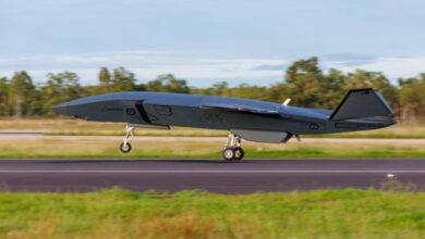 Australia's MQ-28A Ghost Bat takes off for flight testing during Exercise Carlsbad at RAAF Base Tindal.