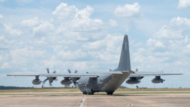 An MC-130J taxis out for its first flight with new aerodynamic Finlets attached to the aircraft at Eglin Air Force Base, Florida.