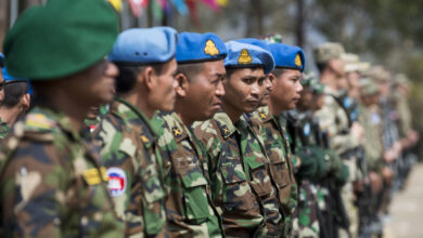 Cambodian soldiers stand in formation during the opening ceremony of Shanti Prayas III in Nepal. Shanti Prayas III is a multinational United Nations peacekeeping exercise designed to provide pre-deployment training to U.N. partner countries in preparation for real-world peacekeeping operations. (U.S. Navy Photo by Petty Officer 2nd Class Taylor Mohr)