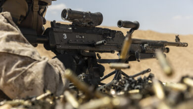 A U.S. Navy Corpsman with Fleet Anti-terrorism Security Team Central Command fires the M240L machine gun during exercise Bright Star 23 at Mohamed Naguib Military Base (MNMB), Egypt, Sept. 5, 2023. Bright Star 23 is a multilateral U.S. Central Command exercise held with the Arab Republic of Egypt across air, land, and sea domains that promotes and enhances regional security and cooperation, and improves interoperability in irregular warfare against hybrid threat scenarios. (U.S. Marine Corps photo by Lance Cpl. Samuel Qin)