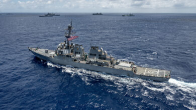 Arleigh Burke-class guided-missile destroyer USS Fitzgerald (DDG 62) sails in formation July 22, off the coast of Hawaii during Exercise Rim of the Pacific (RIMPAC) 2024. Twenty-nine nations, 40 surface ships, three submarines, 14 national land forces, more than 150 aircraft and 25,000 personnel are participating in RIMPAC in and around the Hawaiian Islands, June 27 to Aug. 1. The world's largest international maritime exercise, RIMPAC provides a unique training opportunity while fostering and sustaining cooperative relationships among participants critical to ensuring the safety of sea lanes and security on the world's oceans. RIMPAC 2024 is the 29th exercise in the series that began in 1971. (U.S. Navy photo by Mass Communication Specialist 1st Class John Bellino)