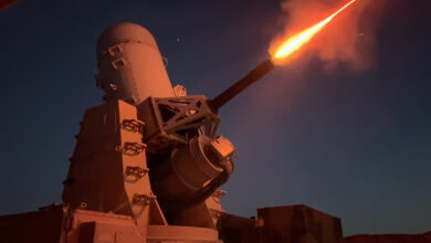 A 20mm Land-Based Phalanx Weapon System, operated by the 218th Field Artillery Regiment assigned to Task Force Armadillo, fires a Pre-Action Calibration Firing (PACFIRE) exercise at Al-Tanf Garrison, Syria, on Feb. 26, 2025. The PACFIRE exercise calibrates the entire system to ensure that rounds fired are accurate and on target during engagements. Combined Joint Task Force - Operation Inherent Resolve will optimize defense capabilities so Coalition Forces can better focus on supporting partner forces. (U.S. Army photo by Staff Sgt. Fred Brown)