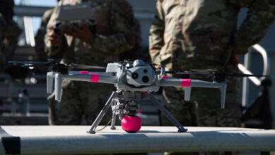 U.S. Army Spc. Michael Fish, a unmanned aircraft system (UAS) operator from the 173rd Airborne Brigade prepares to fly a Skydio X10 for a M67 grenade drop in the Grafenwoehr Training Area, Germany, June 25, 2025. Soldiers from 7th Army Training Command, the Joint Multinational Training Group-Ukraine and 173rd Airborne Brigade all worked together to make this the first live grenade drop from a UAS in the U.S. Army. (U.S. Army photo by Sgt. Collin Mackall)