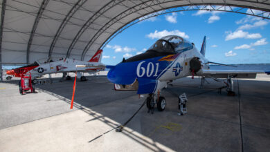 250701-N-DG679-1010 JACKSONVILLE, Fla. (July 1, 2025) Fleet Readiness Center Southeast (FRCSE) inducted its first two T-45 Goshawks into the Service Life Extension Program (SLEP) production line, just 13 months after the Navy identified the requirement. The Goshawk is the primary tandem-seat jet trainer used by the Navy and Marine Corps for pilot carrier qualification. (U.S. Navy Photo by Toiete Jackson)