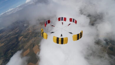 On July 18, 2025, the U.S. Army Parachute Team (Golden Knights) and the British Army's Red Devils Parachute Display Team made parachuting history by completing the world’s first six-way downplane formation—The Hex—during the Armed Forces Parachute Championships in Netheravon, U.K. The high-speed, hexagon configuration maneuver demanded extreme precision, coordination, and teamwork. Developed over two years and perfected through joint training, The Hex showcased elite canopy piloting and the power of international military collaboration. Photo by LCpl Ollie Goss of the British Army Parachute Display Team