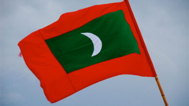 INDIAN OCEAN, THE MALDIVES ISLANDS FLAG (Photo by ONLY WORLD / Only France via AFP)