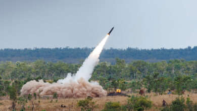 An Australian Army HIMARS from 14th Regiment, Royal Australian Artillery, fires a Precision Strike Missile (PrSM) from Mount Bundey Training Area, Northern Territory during Exercise Talisman Sabre 2025.