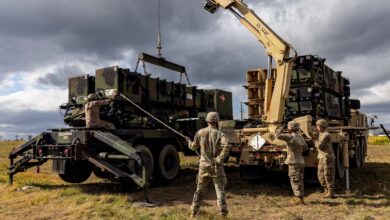 A reload crew of Patriot Launching Station Enhanced Operator and Maintainers with Delta Battery, 1st Battalion, 1st Air Defense Artillery Regiment, 38th ADA Brigade, performs reload operations on their air defense system on Oct. 28, 2024 during the battery's deployment in support of Keen Sword 2025. (Sgt. Connor Davis)