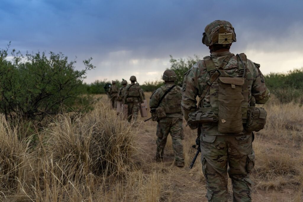 U.S. Soldiers, assigned to 2nd Battalion, 12 Infantry Regiment, 2nd Stryker Brigade Combat Team, 4th Infantry Division, conduct a patrol near Bisbee, Ariz., June 30, 2025. (Photo Credit: U.S. Army photo by Sgt. Elijah Ingram)