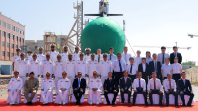 Pakistani and Chinese officials at the launch of New Delhu's third Hangor-class submarine "Mangro" in Wuhan