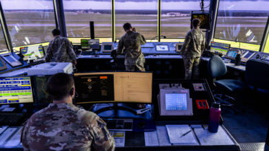 Air traffic controllers (ATCs) assigned to the 6th Operations Support Squadron oversee the safe departure of aircraft at MacDill Air Force Base, Florida, June 30, 2025. ATCs issue precise instructions, coordinate aircraft movements, and efficiently manage the flow of air traffic in and around the tower’s airspace. (U.S. Air Force photo by Airman 1st Class Monique Stober)