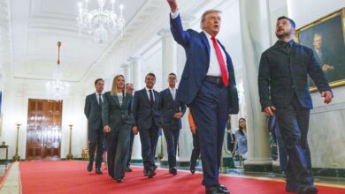 US President Donald Trump leads Ukrainian President Volodymyr Zelensky, European leaders, and NATO Secretary General Mark Rutte in Cross Hall of the White House