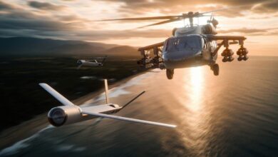A flying Black Hawk helicopter with launched effects