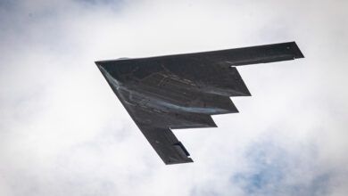 A B-2 Spirit stealth aircraft flies overhead during the Speed of Sound Airshow at Rosecrans Memorial Airport in St. Joseph, Missouri, May 2, 2020. The air show was hosted by the 139th Airlift Wing, and city of St. Joseph to thank the community for their support. The air show committee estimated around 30,000 people attended during the weekend performances in which the United States Air Force Thunderbirds Air Demonstration Squadron were featured. (U.S. Air National Guard photo by Tech. Sgt. Patrick Evenson)
