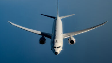 A U.S. Navy P-8A Poseidon flies a routine mission over the U.S. Central Command area of responsibility, Feb. 28, 2025. The P-8A Poseidon is the U.S. Navy’s multi-mission maritime patrol and reconnaissance aircraft, conducting long-range anti-submarine warfare, anti-surface warfare, intelligence, surveillance and reconnaissance. (U.S. Air Force photo by Staff Sgt. Jackson Manske)