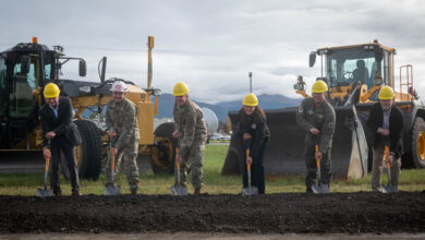From left, Donald Weckhorst, 673rd Air Base Wing executive director, U.S. Army Col. Jeffery Palazzini, U.S. Army Corps of Engineers Alaska District commander and district engineer, U.S. Air Force Lt. Gen. Case Cunningham, Alaskan Command, Alaskan North American Aerospace Defense Command and Eleventh Air Force commander, Anchorage Mayor Suzanne LaFrance, U.S. Air Force Col. Charles Schuck, 3rd Wing commander, and Mark Prieksat, 673rd Civil Engineer Group break ground at the Joint Integrated Test and Training Center-Elmendorf groundbreaking at Joint Base Elmendorf-Richardson, Alaska, Sept. 22, 2025. The JITTC-E will ensure persistent readiness by enabling continuous, scalable training scenarios that support the development of adaptive warfighters. (U.S. Air Force photo by Senior Airman Johnny Diaz)