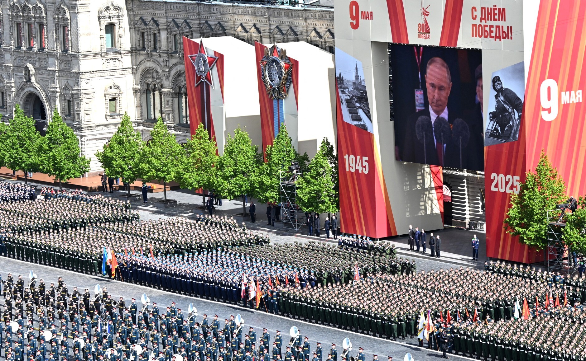 Soldiers, formation, parade, military parade of the Russian Army on Red Square in Moscow on May 9, 2025. Military parade to mark the 80th anniversary of Victory in the Great Patriotic War. Russia's parade to mark the 80th anniversary of the victory over Nazi Germany. Photo: The Kremlin Moscow via (Photo by The Kremlin Moscow / The Kremlin Moscow / dpa Picture-Alliance via AFP)