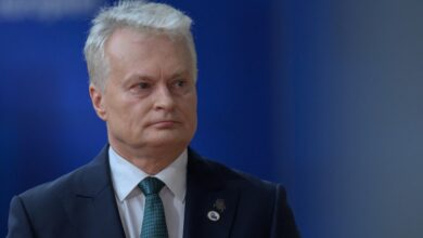 Lithuania President Gitanas Nauseda arriving at EU summit with blue background