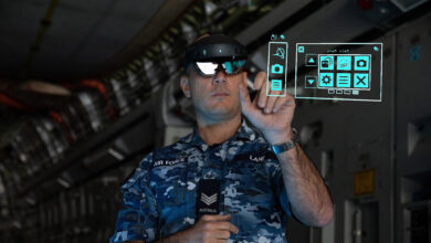 Avionics Technician, Sergeant Thomas Lane from No. 36 Squadron, utilises the Hololens mixed reality device during maintenance of a C-17A Globemaster III aircraft. Digitally Altered Image. *** Local Caption *** Aircraft Technicians from No. 36 Squadron at RAAF Base Amberley are now using Microsoft HoloLens mixed reality devices (goggles) with Boeing software to maintain C-17A Globemaster III aircraft. Implemented by the Squadron and Boeing contractors to navigate COVID-19 restrictions when working with their United States based counterparts, the first trial of the devices started in July 2020. This is a new capability for any RAAF aircraft maintenance team.