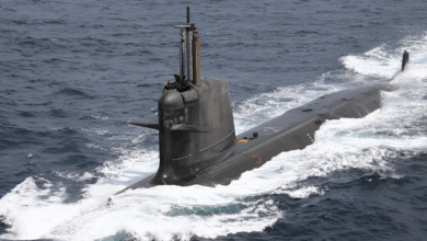 A Scorpene class submarine sailing on the sea surface