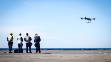 Royal Navy crew flies the Malloy Aeronautics' T-150 drone for resupply logistics between HMS Prince of Wales and HMS Dauntless