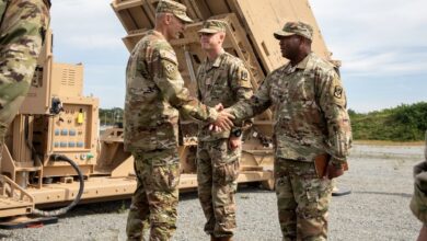 Chief of Staff of the Army Gen. Randy George meets with leaders from the 35th Air Defense Artillery Brigade and Soldiers from 6th Battalion, 52nd Air Defense Artillery Regiment, in front of a launcher indirect fire protection capability system at a Patriot tactical site, Sept. 22, 2025.