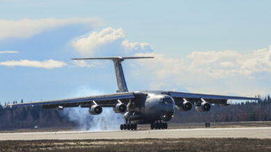 An Indian Air Force IL-78MKI aerial refueling aircraft lands at Eielson Air Force Base, Alaska, April 16, 2016. Indian Air Force airmen arrived at Eielson in preparation for RED FLAG-Alaska 16-1. RF-A is a series of Pacific Air Forces commander-directed field training exercises for U.S. and partner nation forces, providing combined offensive counter-air, interdiction, close air support and large force employment training in a simulated combat environment. (U.S. Air Force photo by Staff Sgt. Joshua Turner)