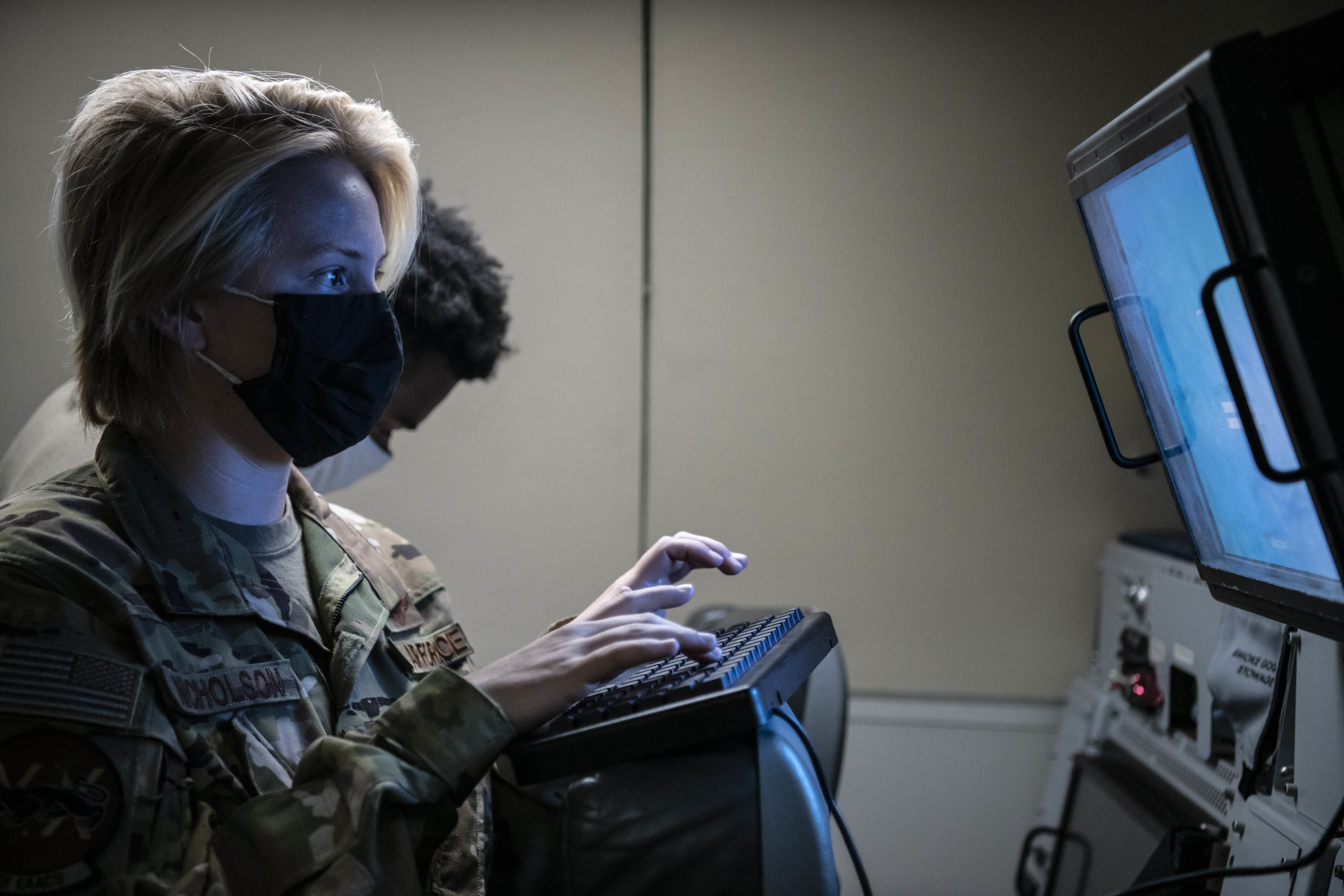 Senior Airman Taryn Nicholson, 968th Expeditionary Airborne Air Control Squadron computer display maintenance technician, performs pre-flight checks on a E-3 Sentry Airborne Warning and Control System (AWACS) aircraft before take-off at Al Dhafra Air Base, United Arab Emirates Sept. 15, 2020. Deployed Airmen from the 968 EAACS provide continuous Battle Management Command and Control for over 5,000 aircraft to include Defensive Counter Air, Close Air Support, Remotely Piloted Aircraft, Tanker, and Intelligence, Surveillance, and Reconnaissance assets. (U.S. Air Force photograph by Master Sgt. Patrick OReilly)