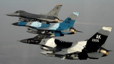 Three U.S. Air Force F-16 Fighting Falcon Block 30 aircraft from the 80th Fighter Squadron fly in formation over South Korea during a training mission on Jan. 9, 2008. The squadron will be upgrading to F-16 Block 40 aircraft under the common configuration implementation program, which increases mission capability and combat readiness by utilizing newer airframes and avionics. (DoD photo by Tech. Sgt. Quinton T. Burris, U.S. Air Force. (Released))