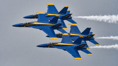 The U.S. Navy Blue Angels perform during the Thunder Over New Hampshire Air Show and Open House at Pease Air National Guard Base, NH, Sept. 6, 2025. The Blue Angels fly F/A-18 Super Hornets and a C-130J Super Hercules during their performances. (U.S. Air Force photo by Mark Herlihy)
