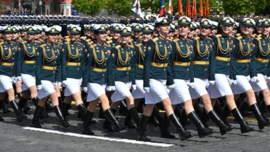 Female soldiers, formation, parade, military parade of the Russian Army on Red Square in Moscow on May 9, 2025. Military parade to mark the 80th anniversary of Victory in the Great Patriotic War. Russia's parade to mark the 80th anniversary of the victory over Nazi Germany. Photo: The Kremlin Moscow via (Photo by The Kremlin Moscow / dpa Picture-Alliance via AFP)