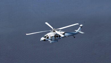 A helicopter equipped with the Airborne Laser Mine Detection System (ALMDS).