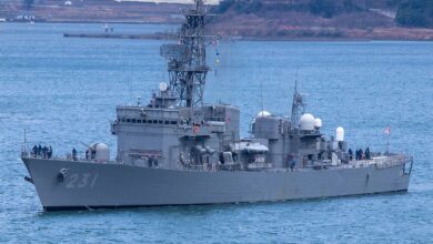 The Abukuma-class destroyer escort Oyodo (DE-231) enters Maizuru Base.