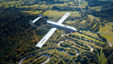 Indra’s TARSIS unmanned aerial system in flight over mountainous terrain