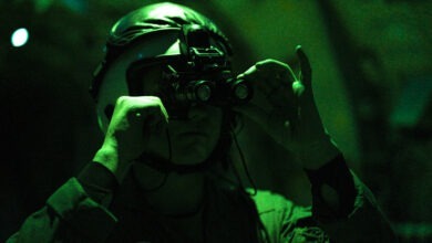 U.S. Marine Corps Cpl. Aron Tahdooahnippah, from Oklahoma, a fixed-wing aircraft loadmaster with Marine Aerial Refueler Transport Squadron (VMGR) 252, adjusts a night vision device near 8 Wing/Canadian Forces Base Trenton, Ontario, Jan. 18, 2025. VMGR-252 participated in a cold-weather training exercise alongside the Royal Canadian Air Force’s 436 Transport Squadron to improve interoperability and increase proficiency while operating KC-130J Super Hercules aircraft in cold and extreme cold weather conditions. (U.S. Marine Corps photo by Lance Cpl. Mya Seymour)